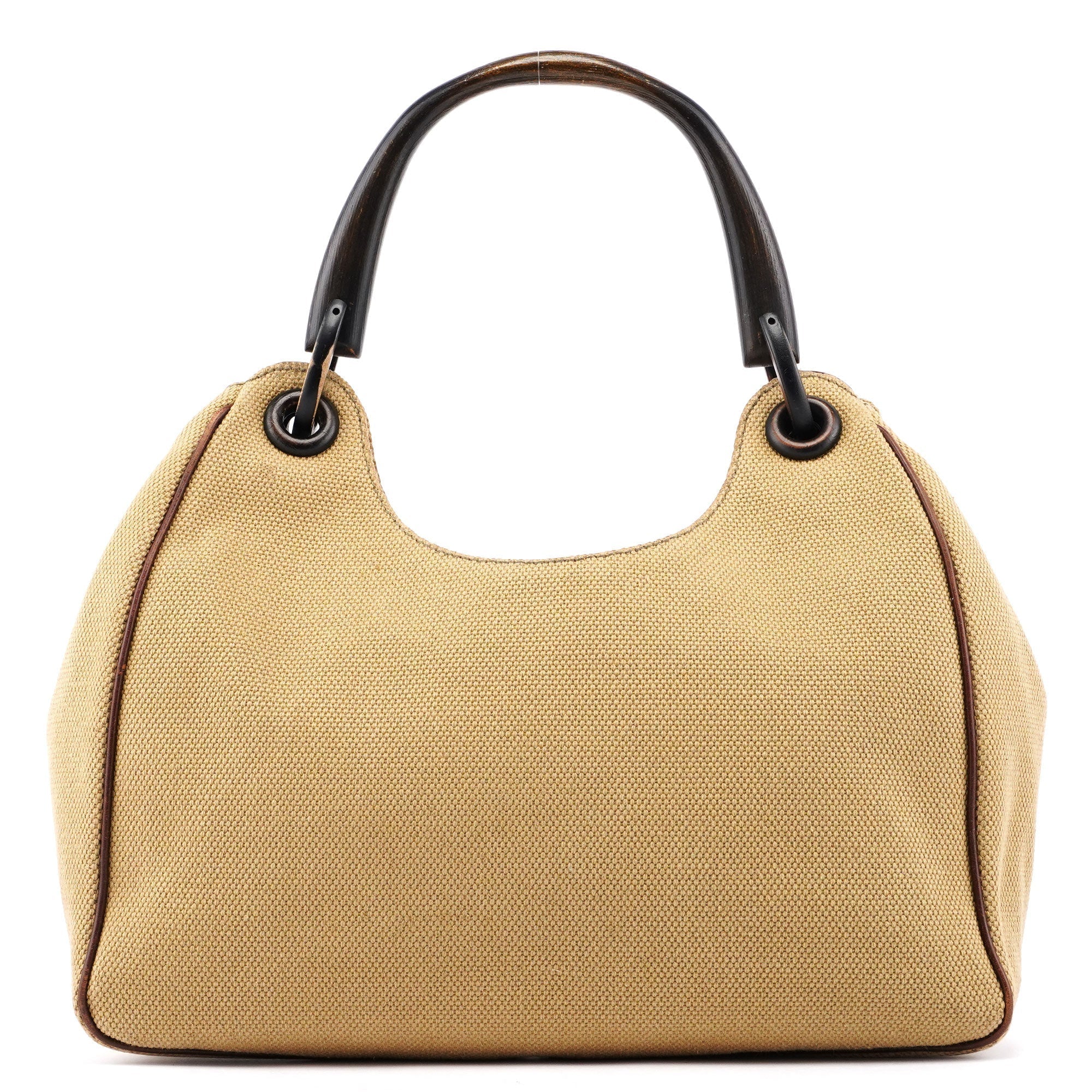 Beige Canvas Wood Handle Shoulder Bag