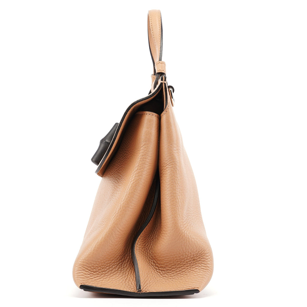 Beige Leather Bamboo Turnlock 2-Way Bag