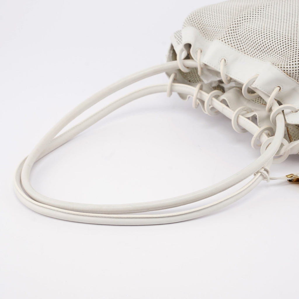Beige Perforated Leather Drawstring Bag