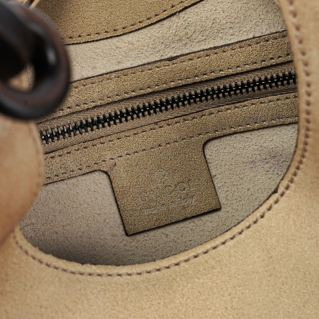 Beige Suede Wood Handle Shoulder Bag