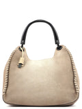 Beige Suede Wood Handle Shoulder Bag