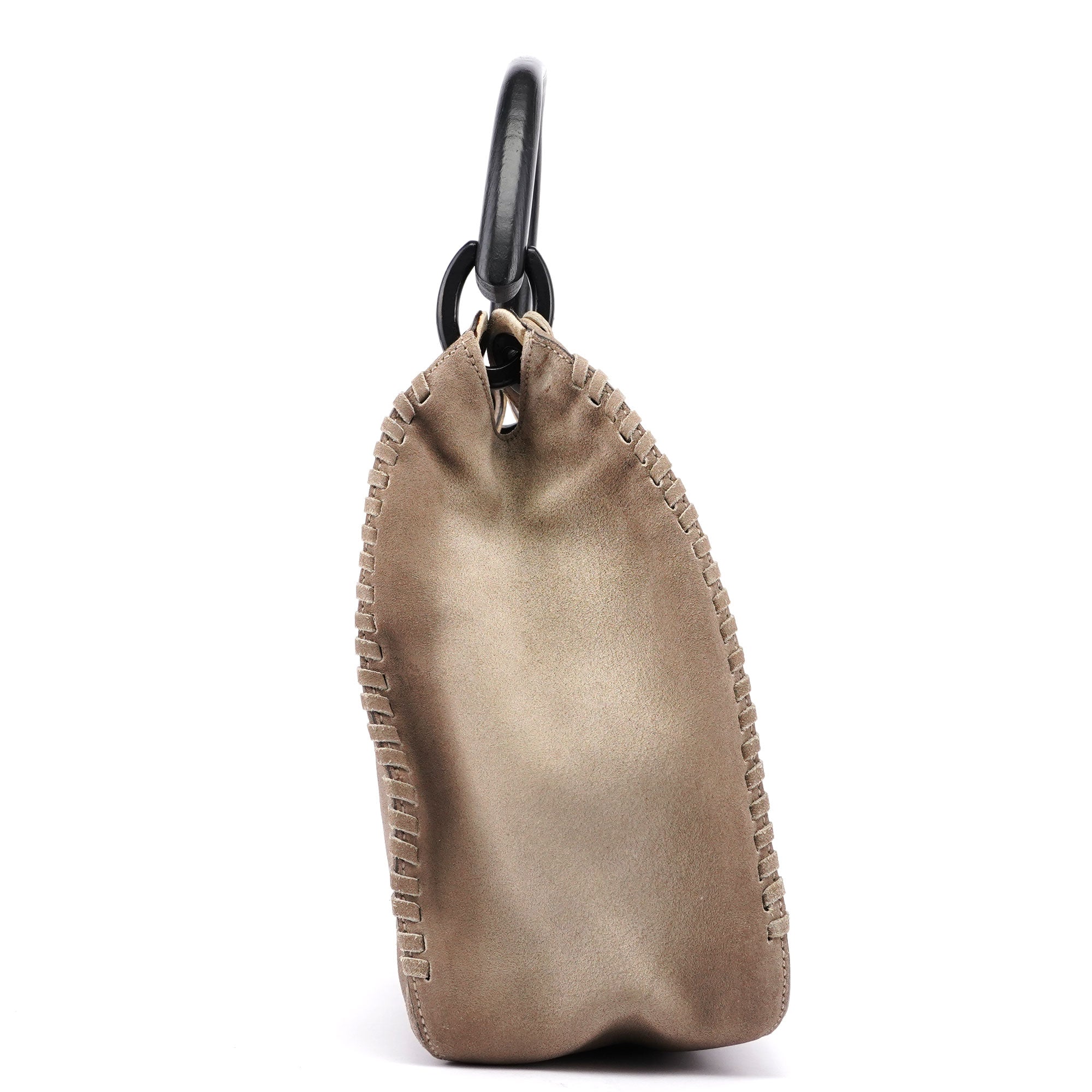 Beige Suede Wood Handle Shoulder Bag