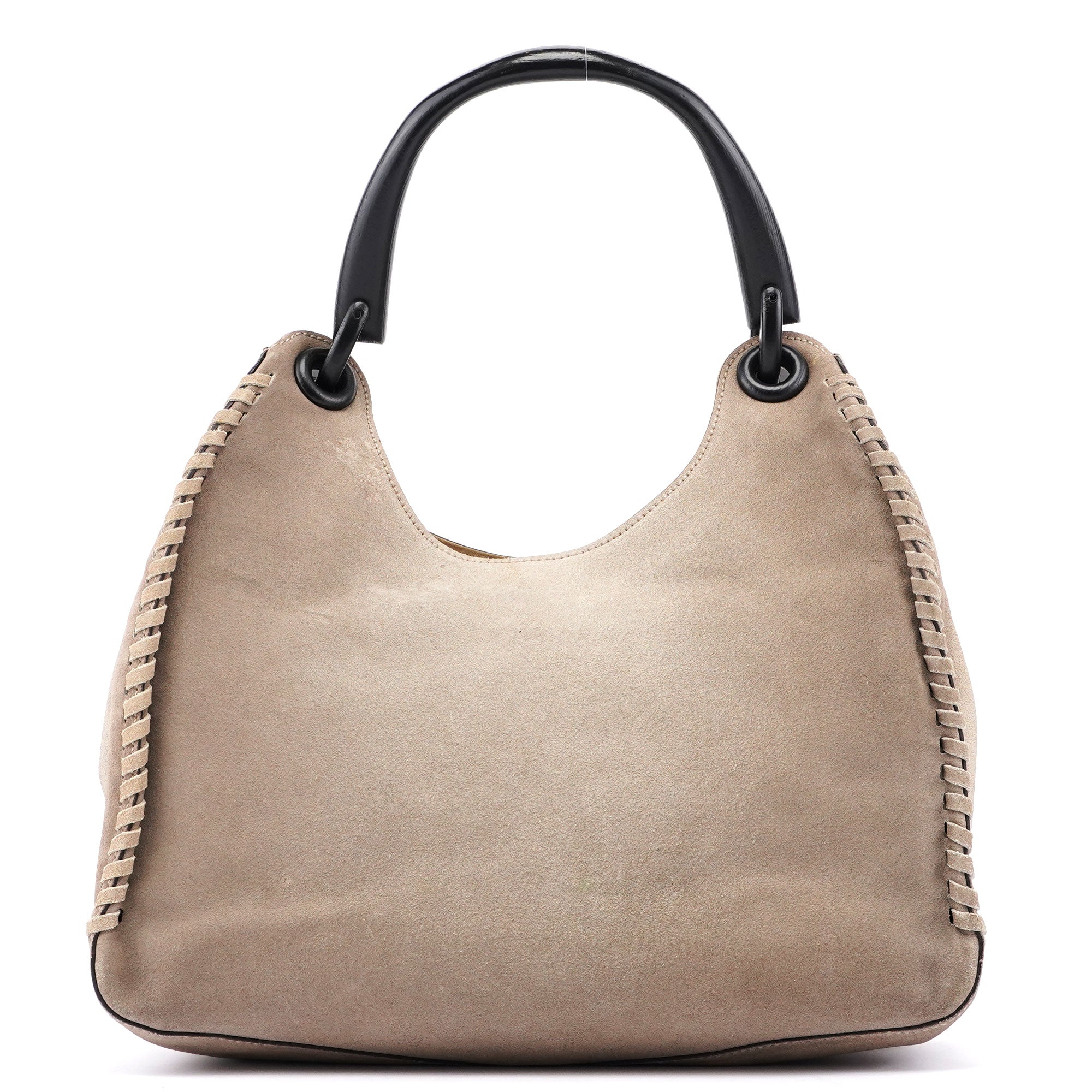 Beige Suede Wood Handle Shoulder Bag