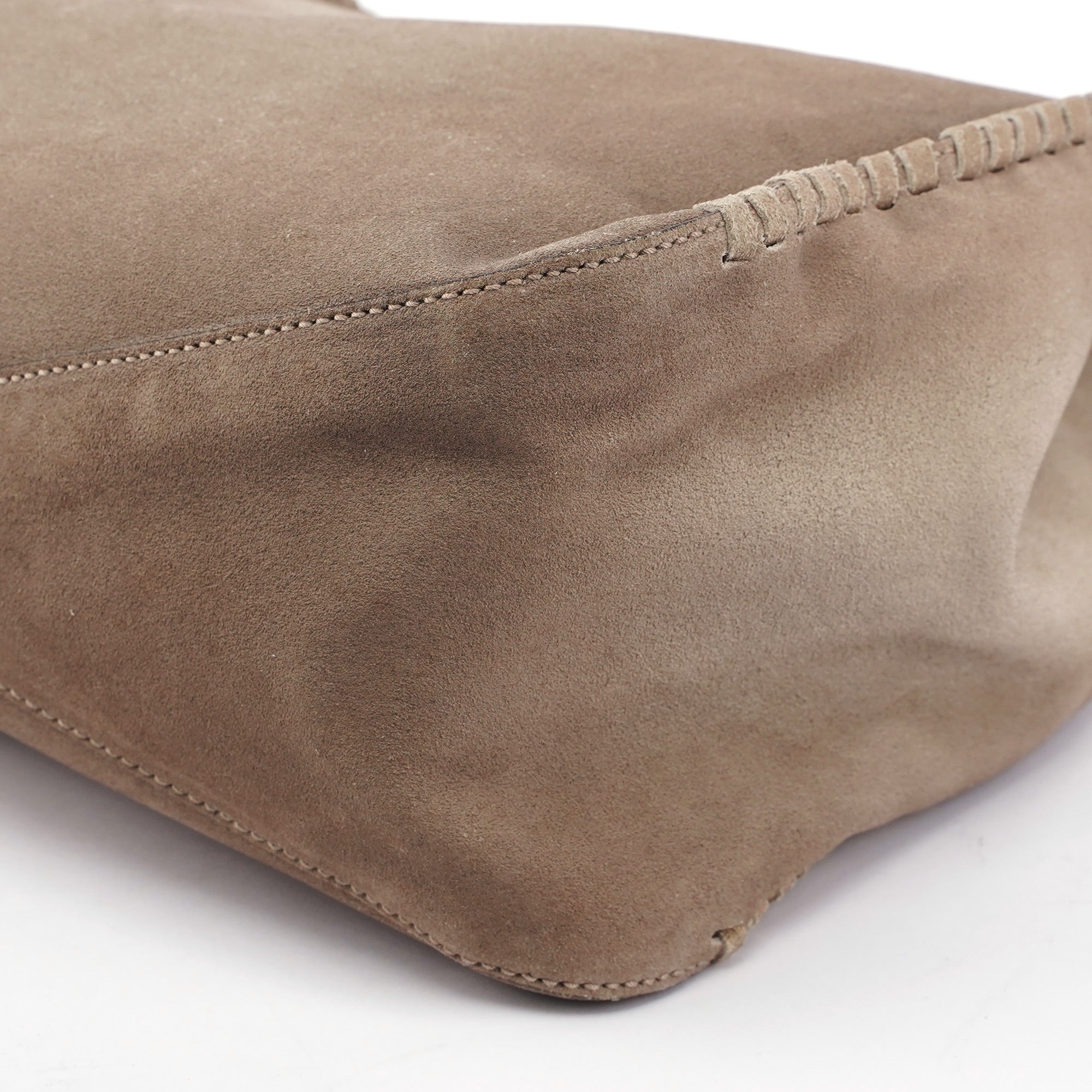 Beige Suede Wood Handle Shoulder Bag