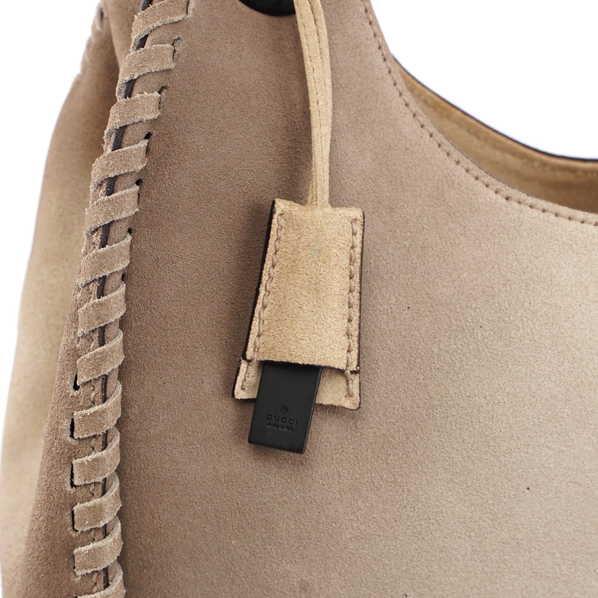 Beige Suede Wood Handle Shoulder Bag