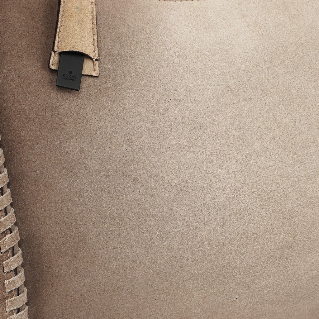 Beige Suede Wood Handle Shoulder Bag