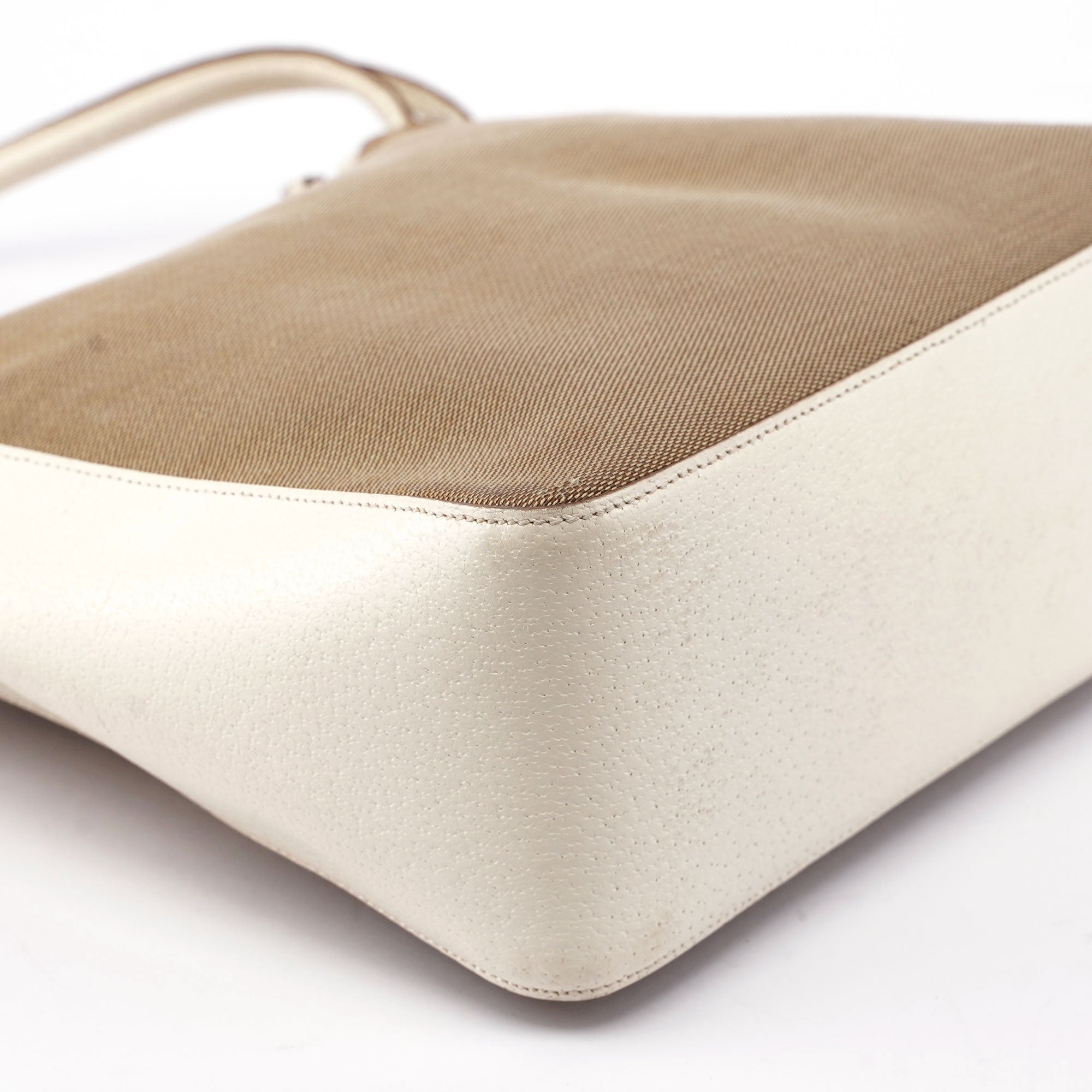 Beige White Canvas Shoulder Bag