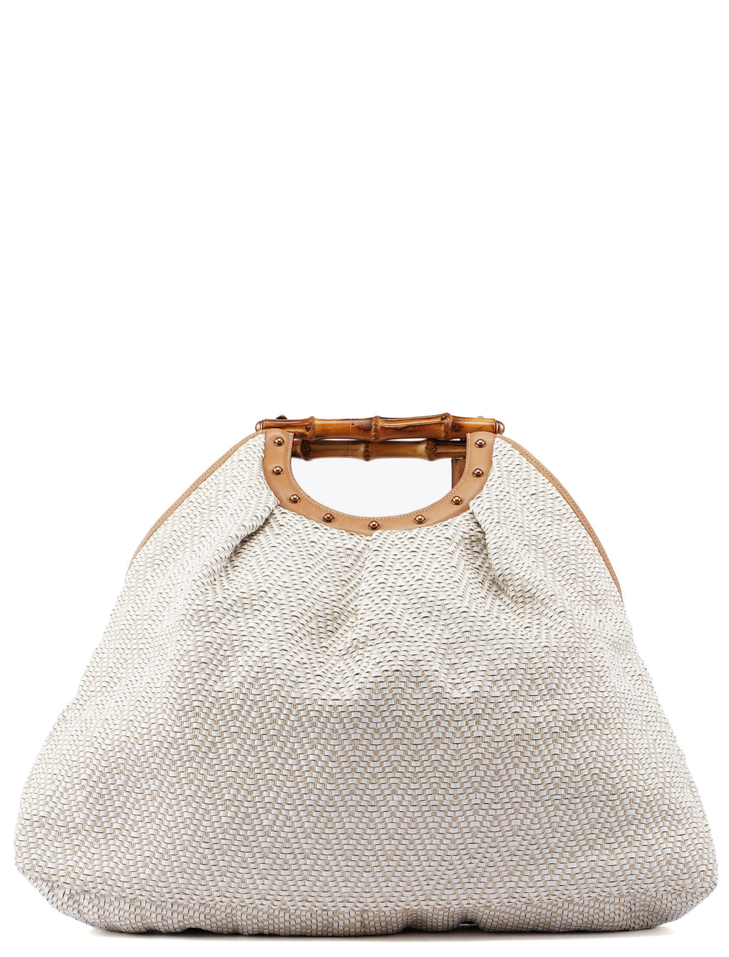 Beige Woven Leather Bamboo Top Handle Bag
