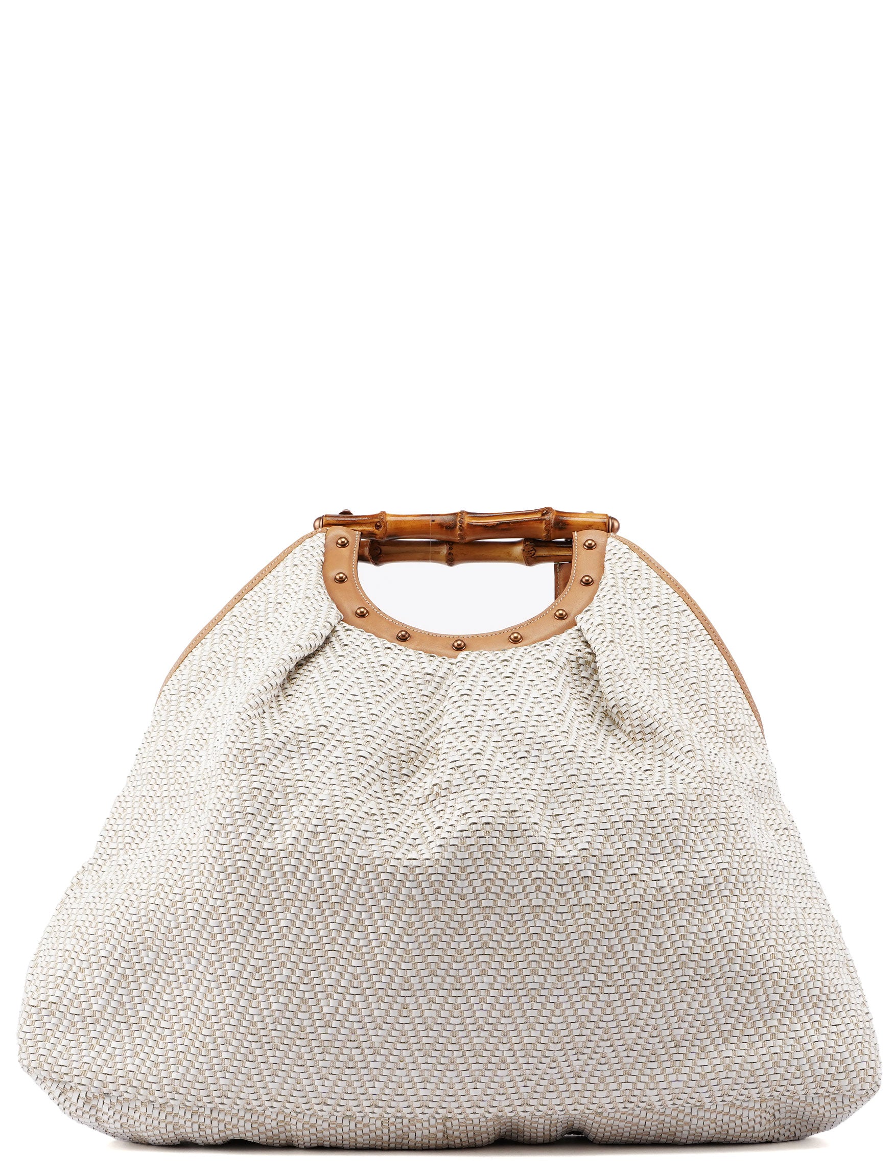 Beige Woven Leather Bamboo Top Handle Bag