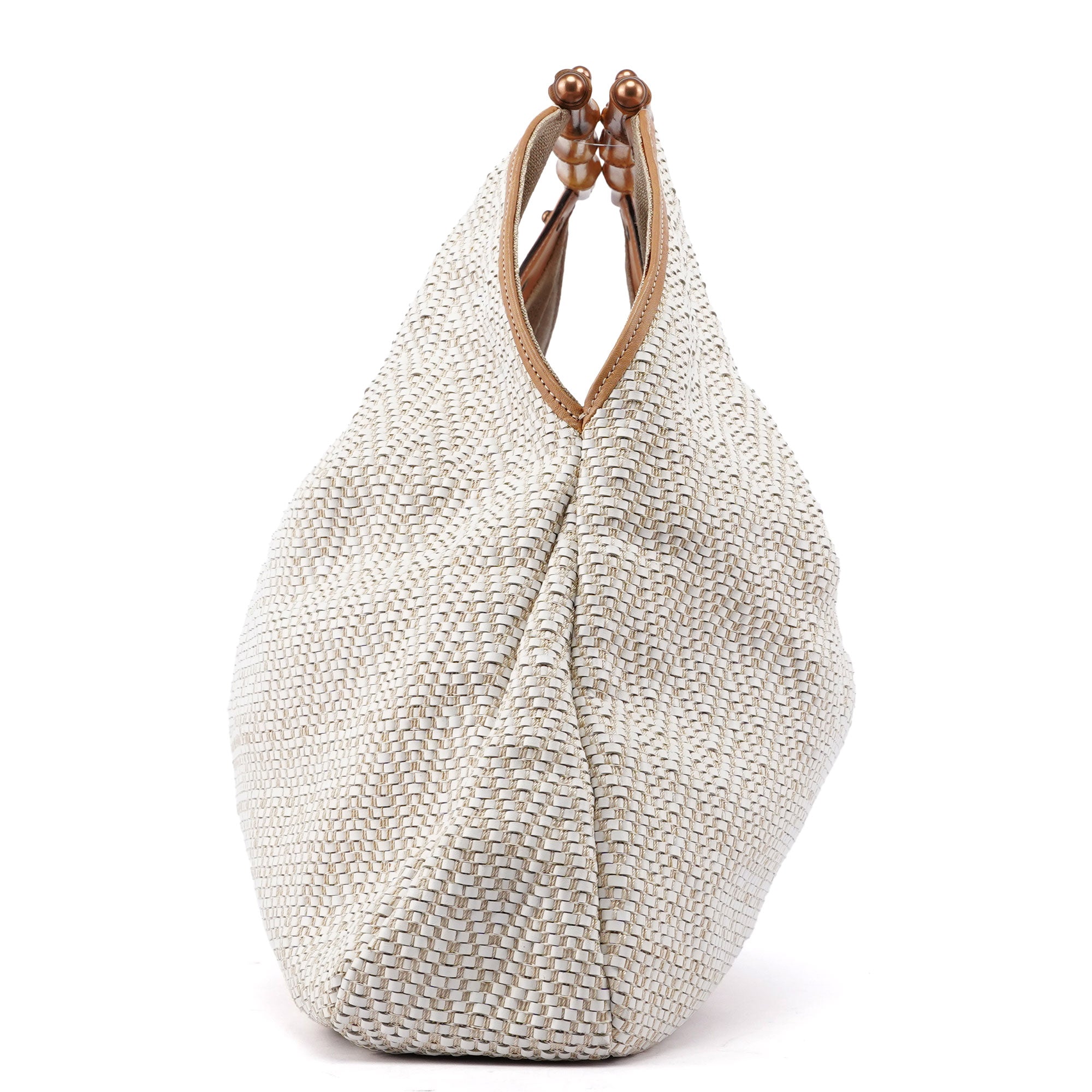 Beige Woven Leather Bamboo Top Handle Bag