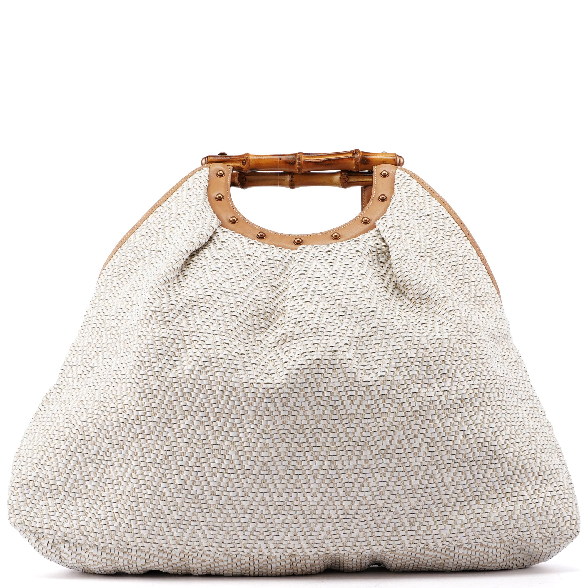 Beige Woven Leather Bamboo Top Handle Bag
