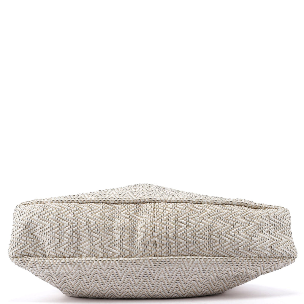 Beige Woven Leather Bamboo Top Handle Bag