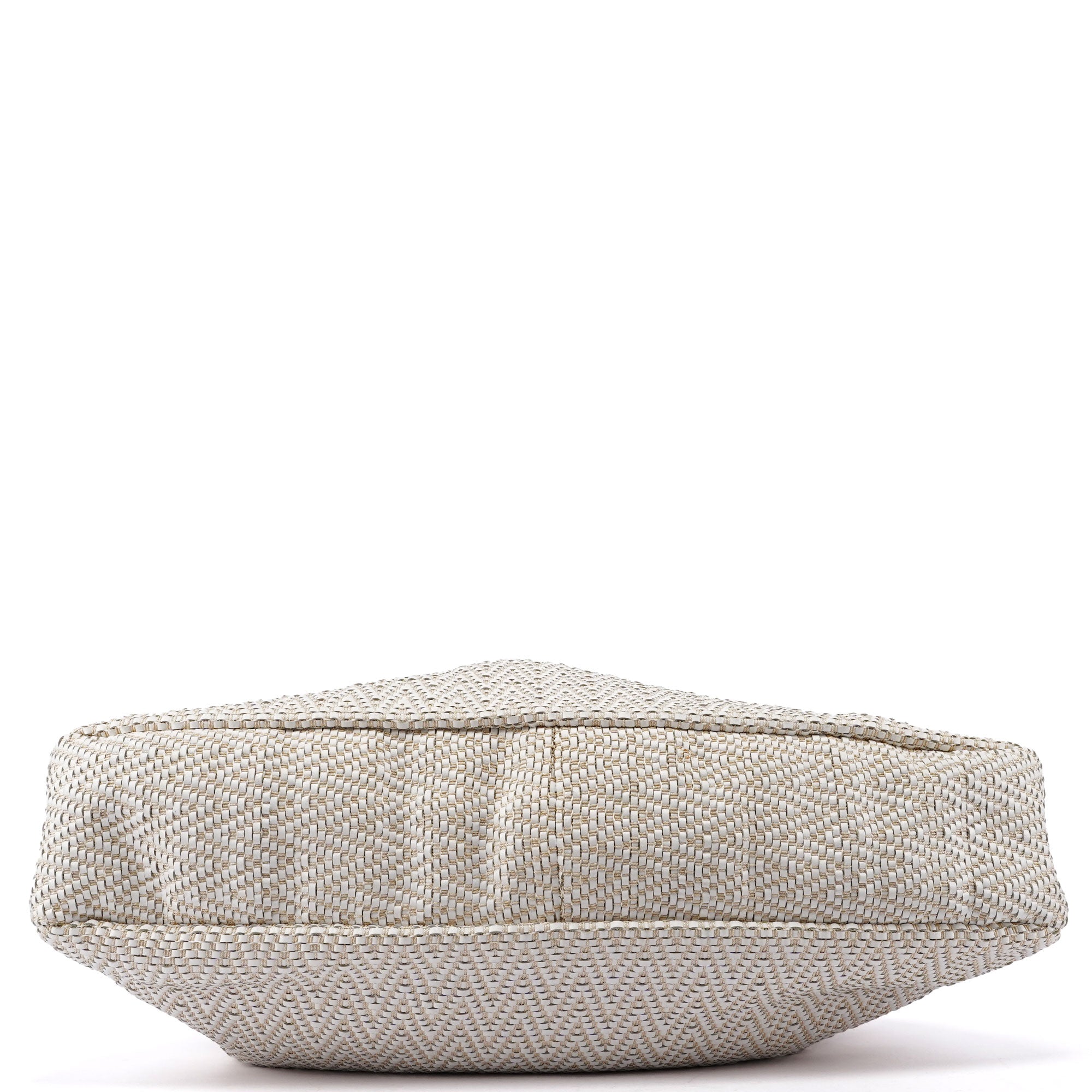 Beige Woven Leather Bamboo Top Handle Bag