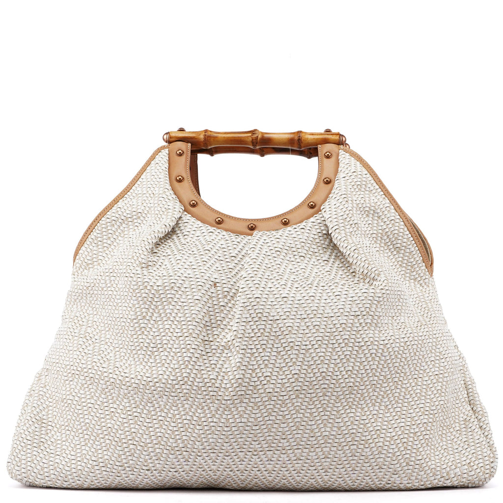 Beige Woven Leather Bamboo Top Handle Bag