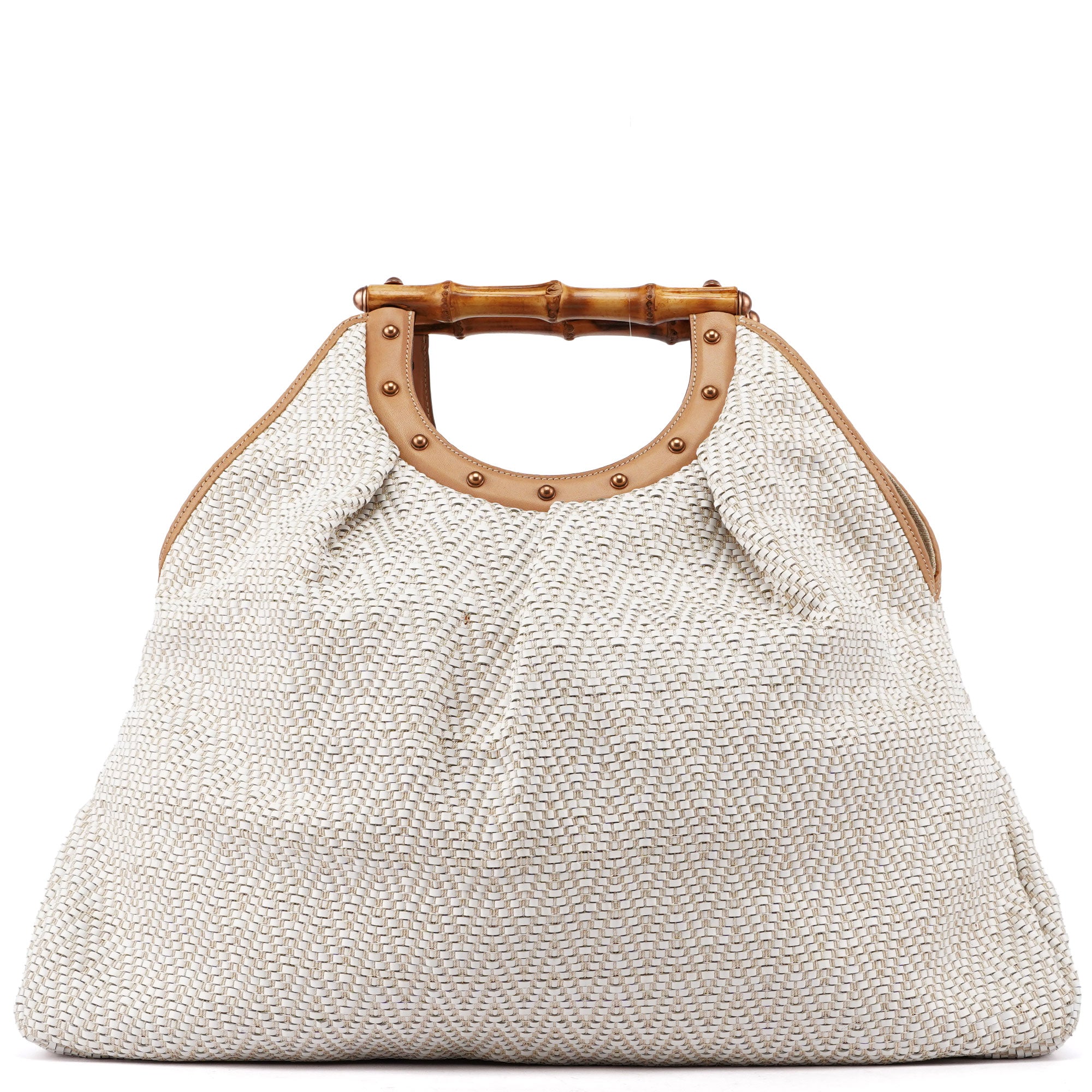 Beige Woven Leather Bamboo Top Handle Bag