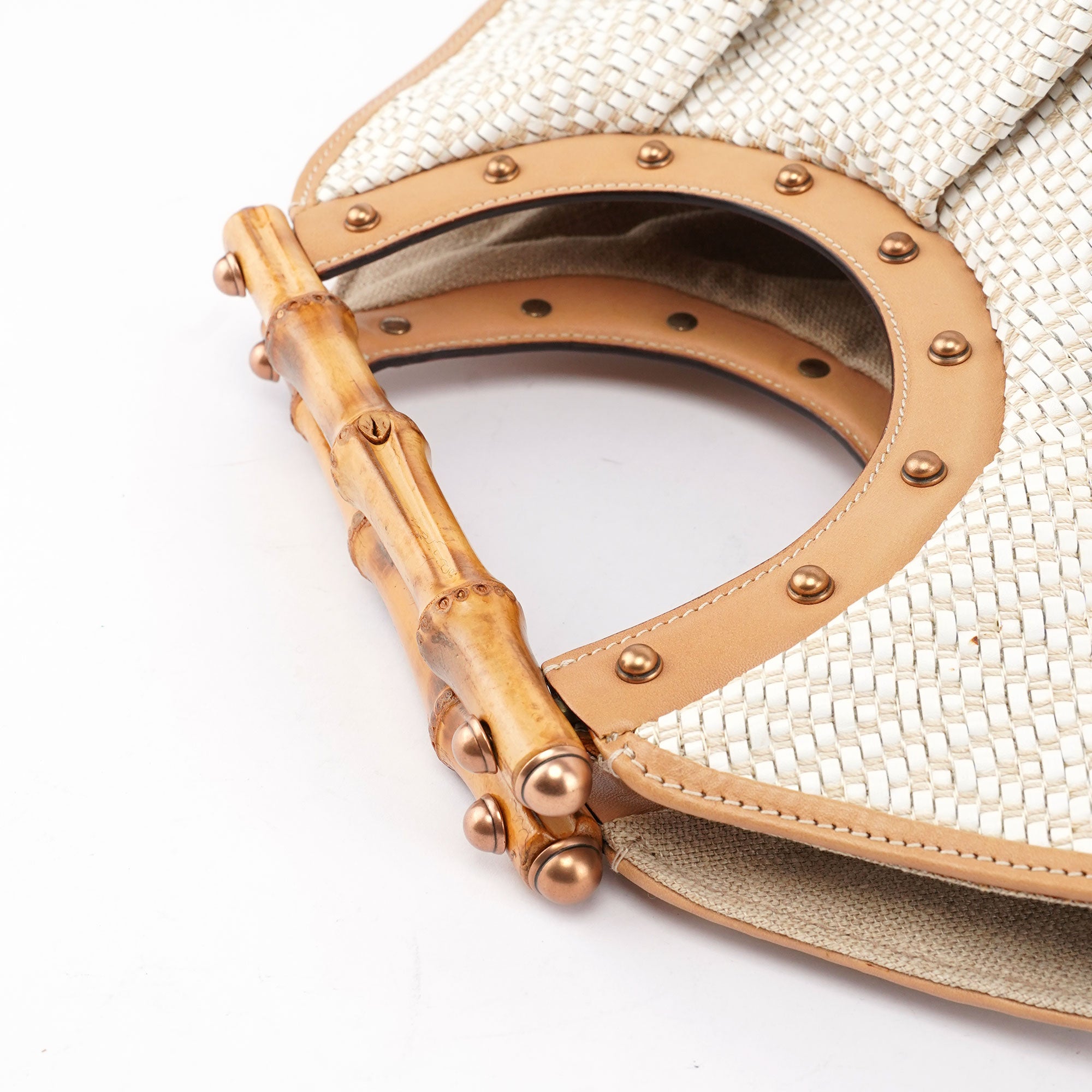 Beige Woven Leather Bamboo Top Handle Bag