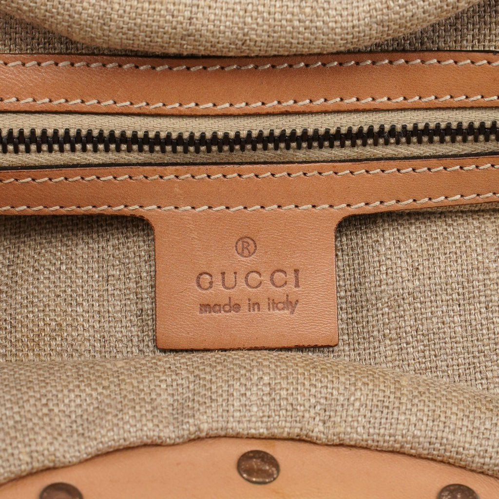 Beige Woven Leather Bamboo Top Handle Bag