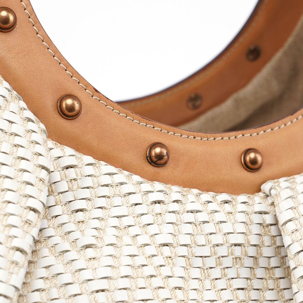 Beige Woven Leather Bamboo Top Handle Bag