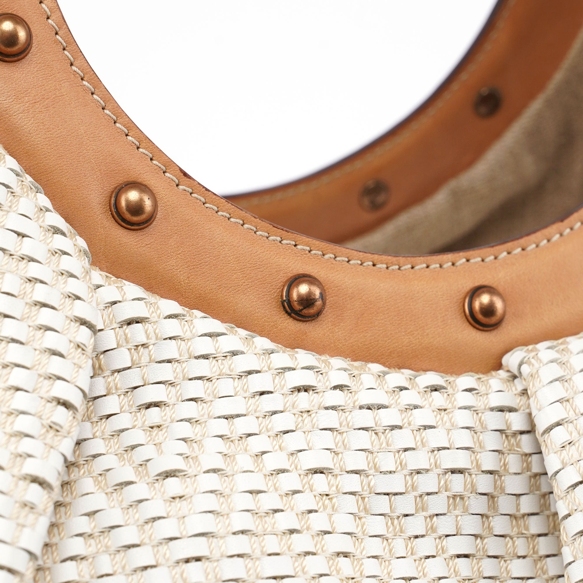 Beige Woven Leather Bamboo Top Handle Bag
