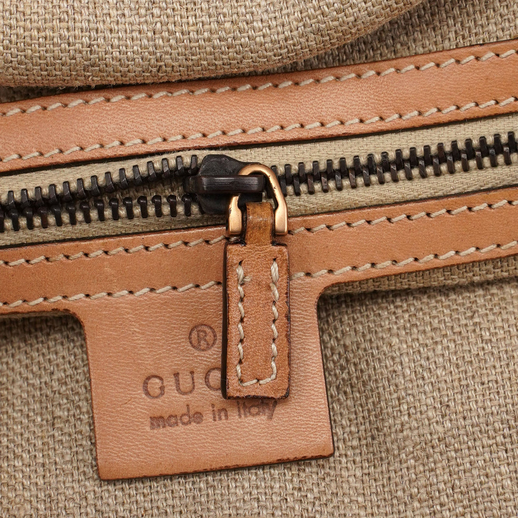 Beige Woven Leather Bamboo Top Handle Bag