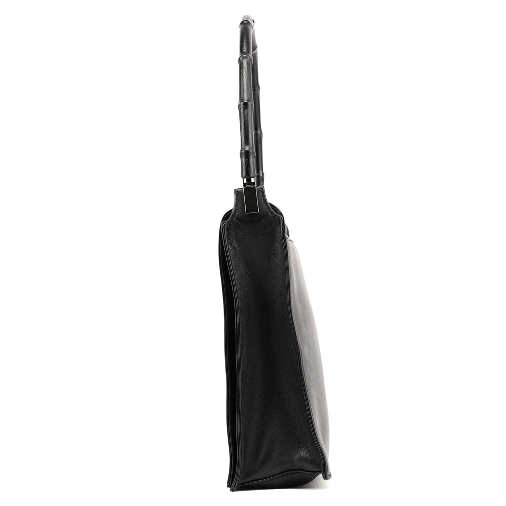 Black Calfskin Bamboo Flap Shoulder Bag