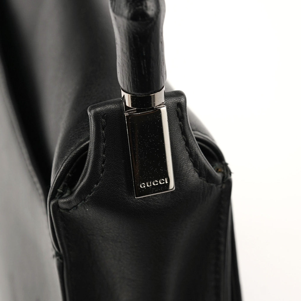 Black Calfskin Bamboo Flap Shoulder Bag