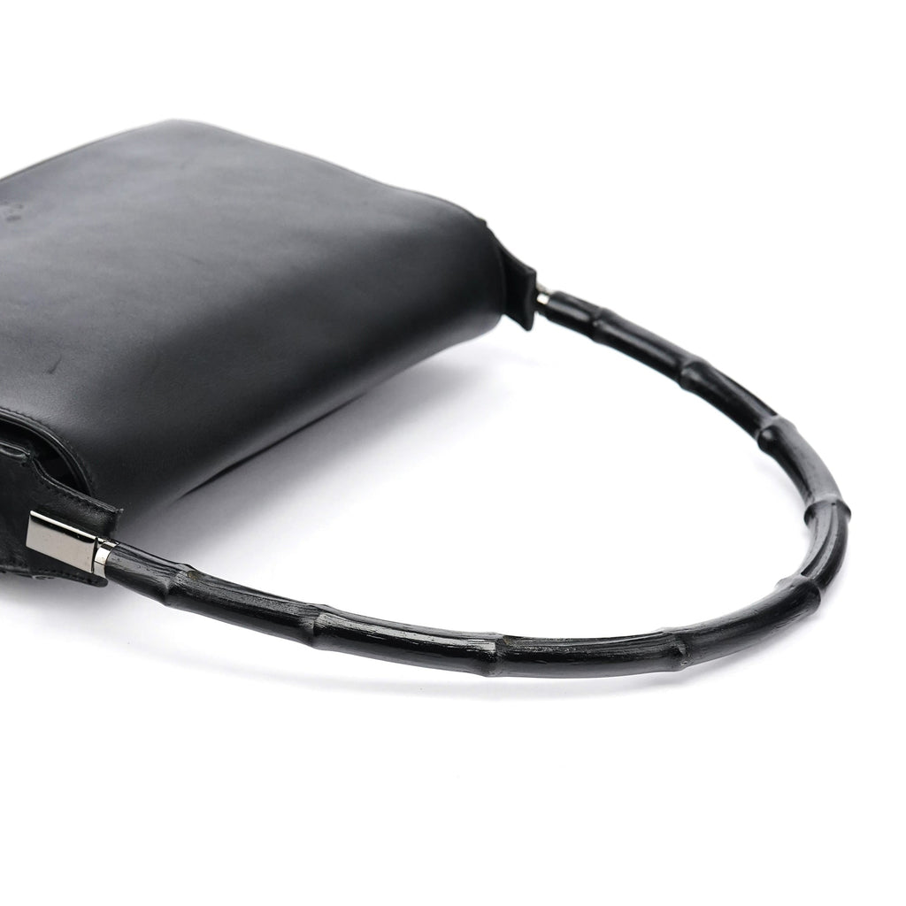 Black Calfskin Bamboo Flap Shoulder Bag