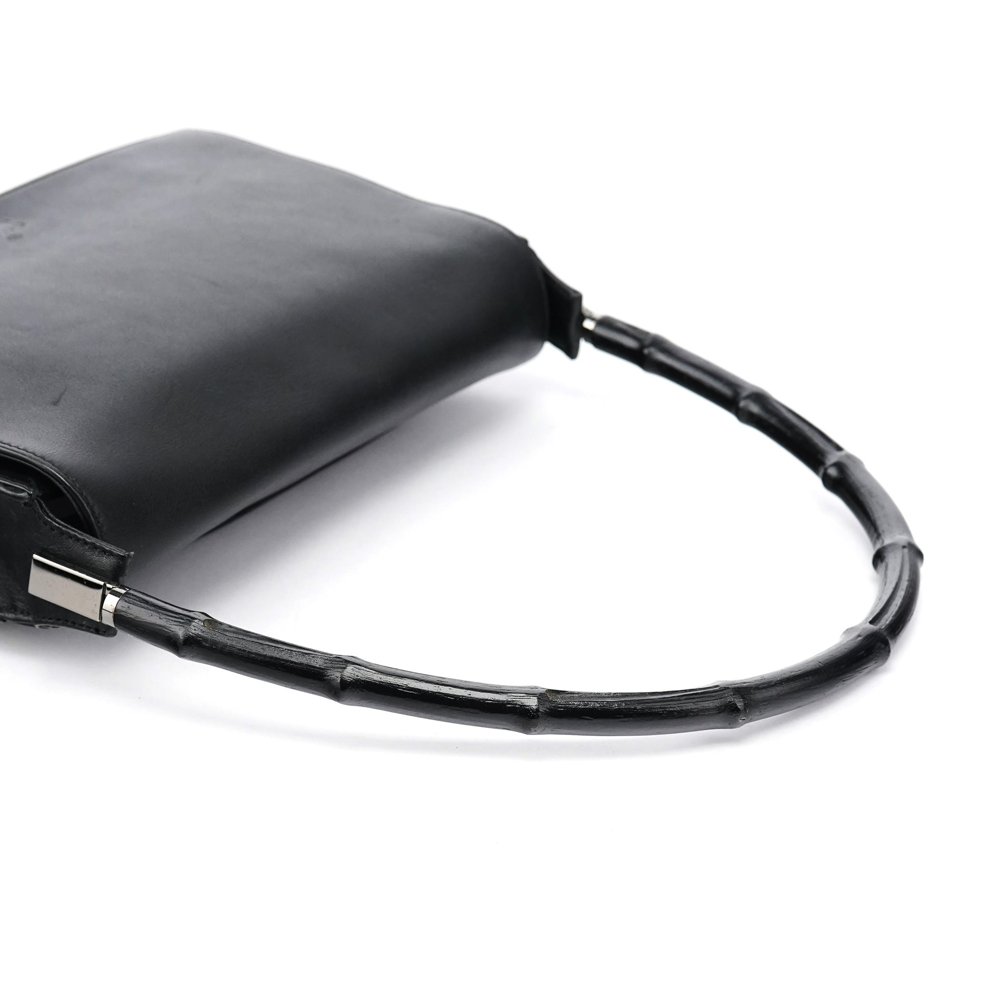 Black Calfskin Bamboo Flap Shoulder Bag