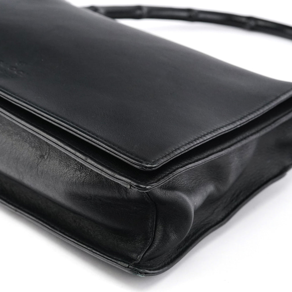 Black Calfskin Bamboo Flap Shoulder Bag