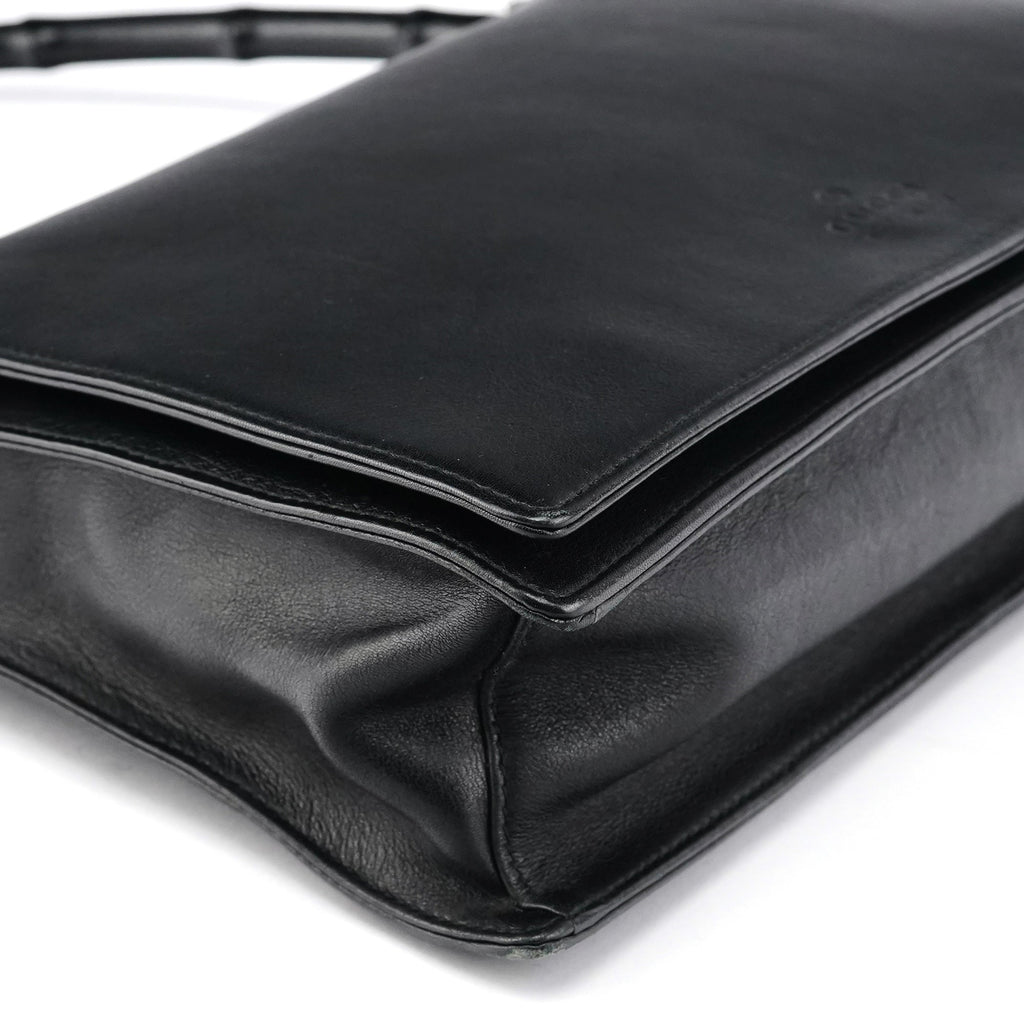 Black Calfskin Bamboo Flap Shoulder Bag