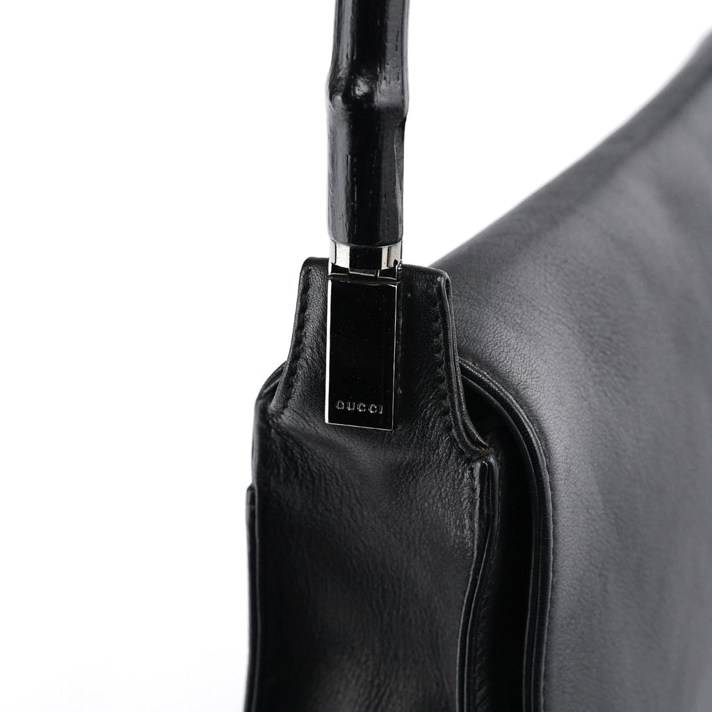 Black Calfskin Bamboo Flap Shoulder Bag