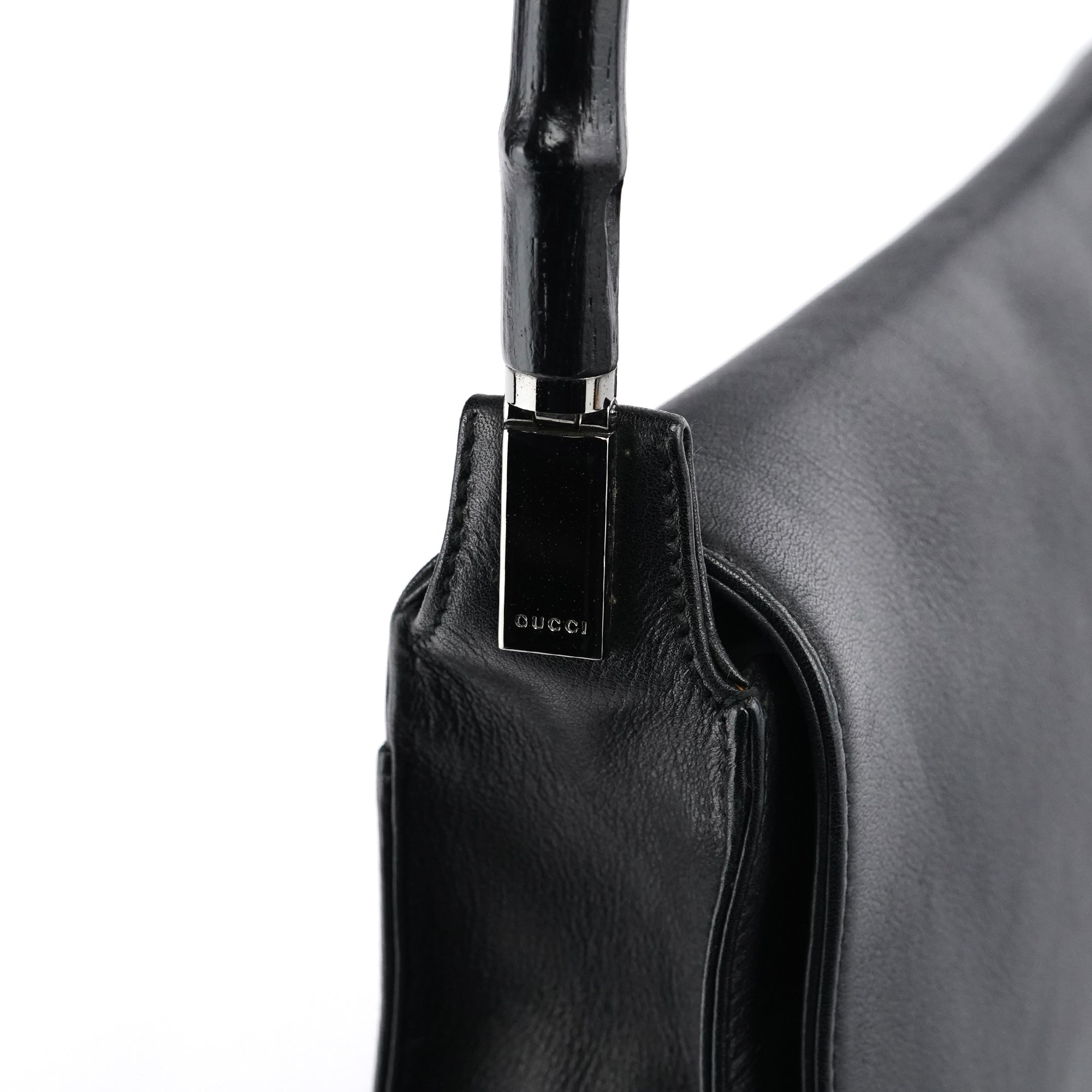 Black Calfskin Bamboo Flap Shoulder Bag