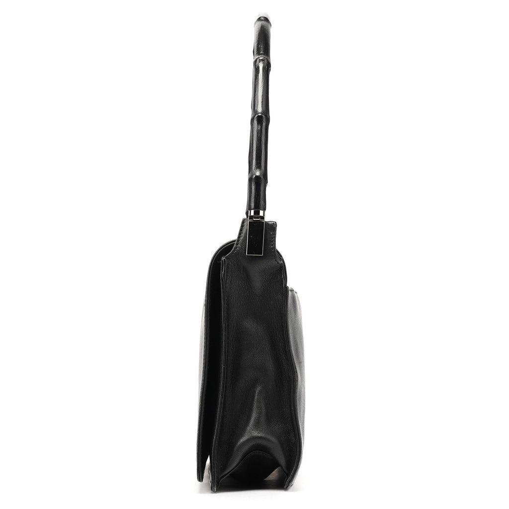 Black Calfskin Bamboo Flap Shoulder Bag