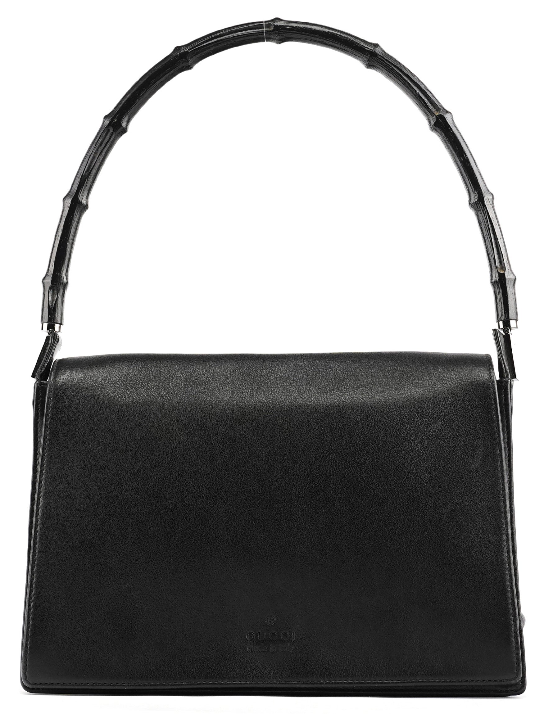Black Calfskin Bamboo Flap Shoulder Bag