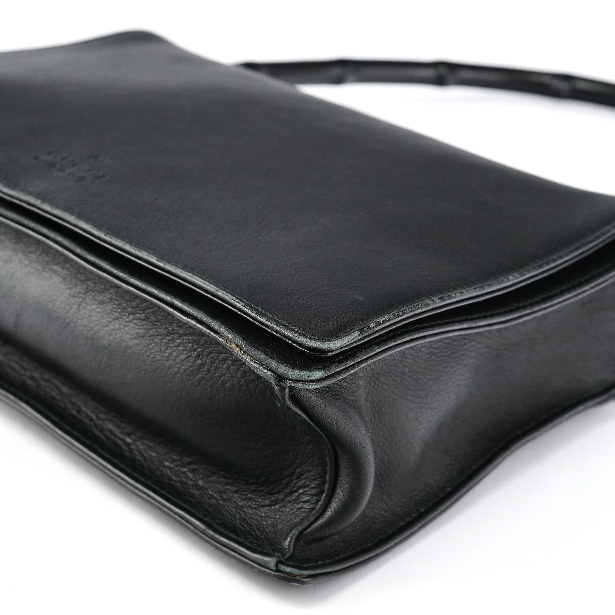 Black Calfskin Bamboo Flap Shoulder Bag