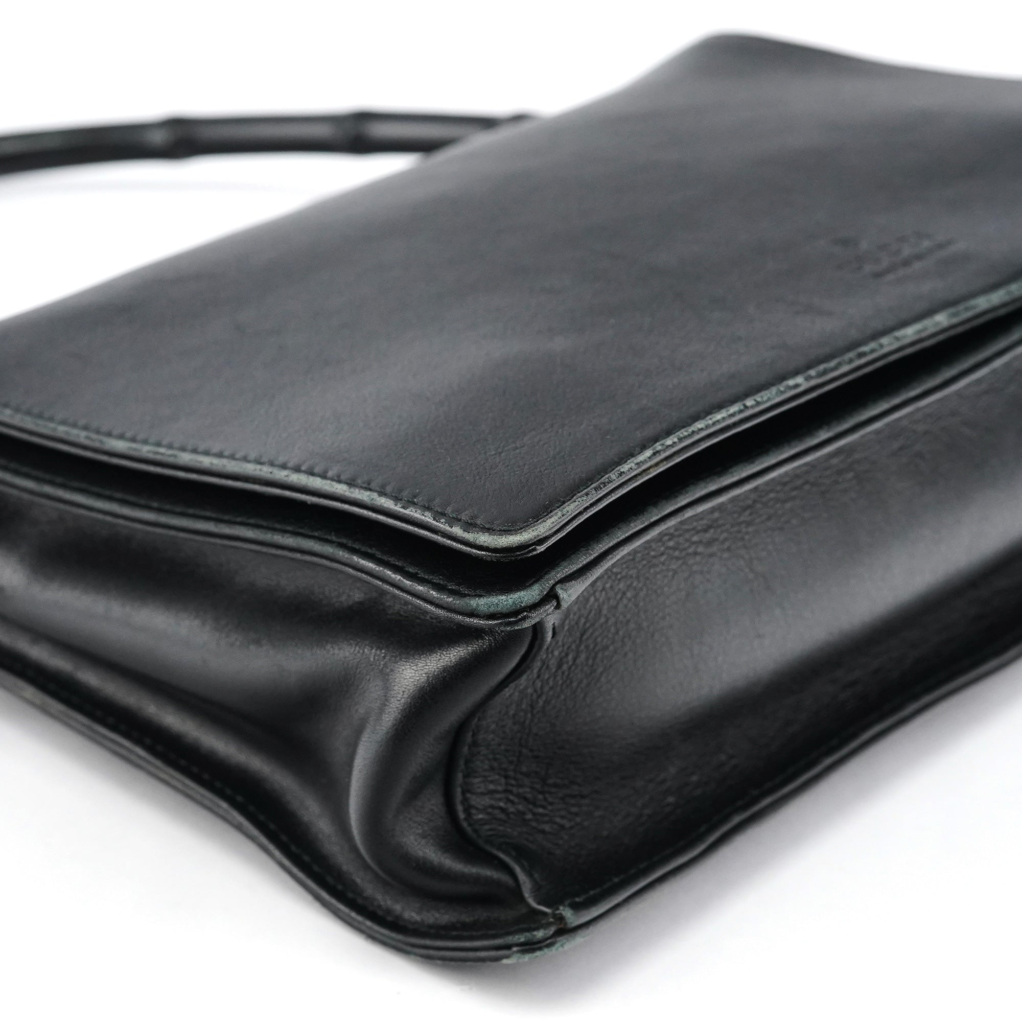 Black Calfskin Bamboo Flap Shoulder Bag