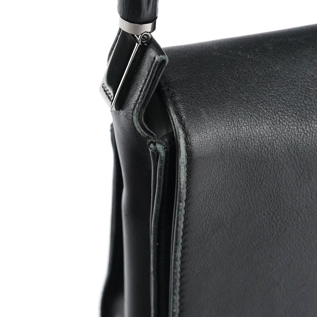 Black Calfskin Bamboo Flap Shoulder Bag