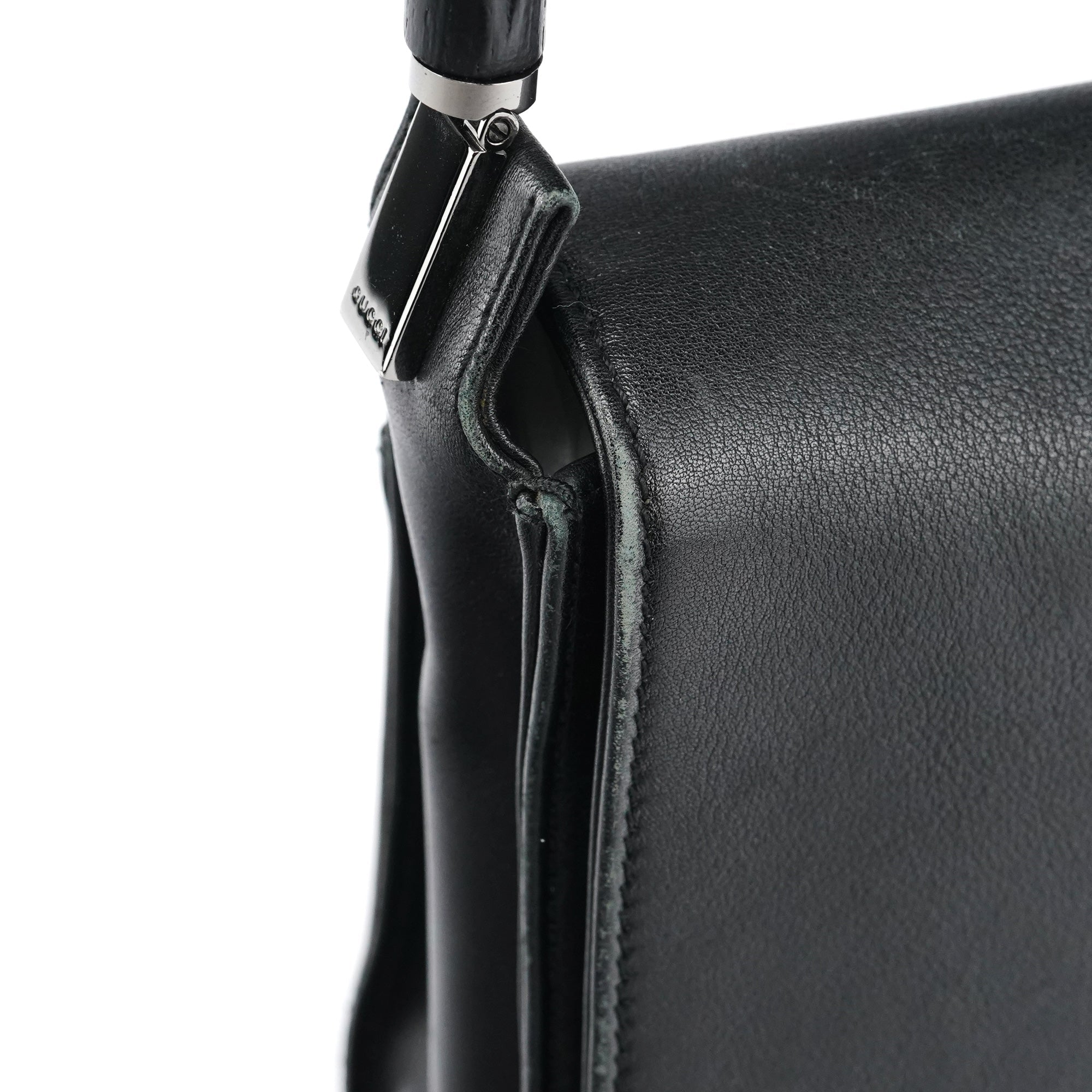 Black Calfskin Bamboo Flap Shoulder Bag
