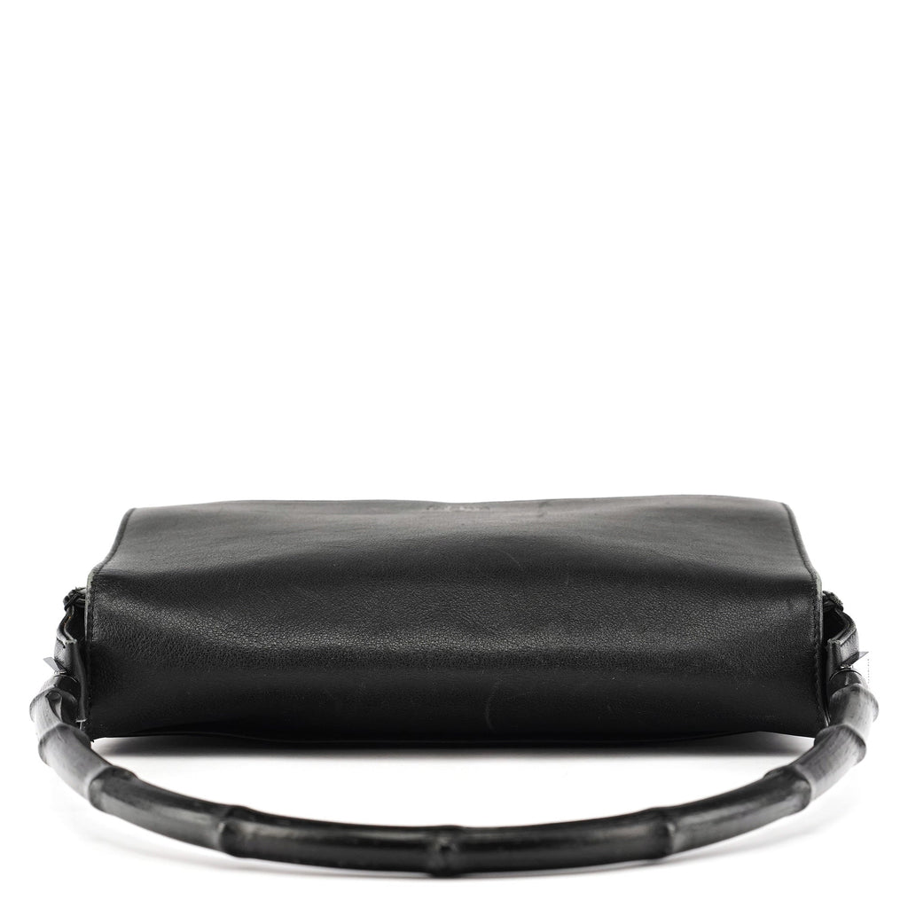 Black Calfskin Bamboo Flap Shoulder Bag