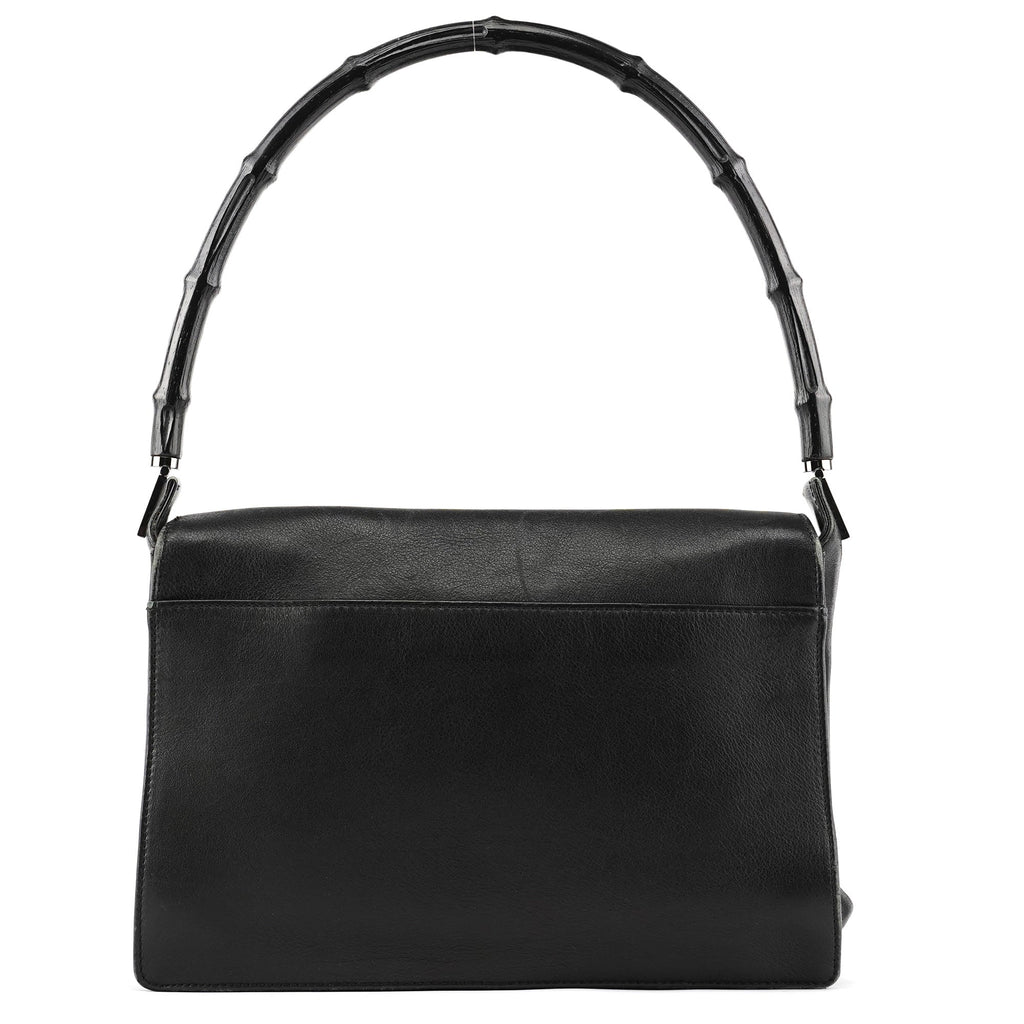 Black Calfskin Bamboo Flap Shoulder Bag