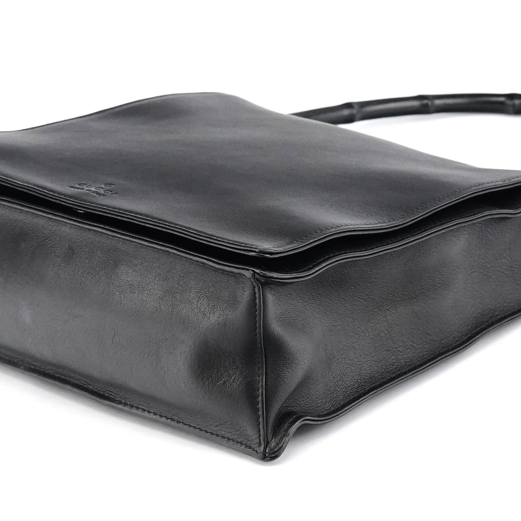 Black Calfskin Bamboo Flap Shoulder Bag