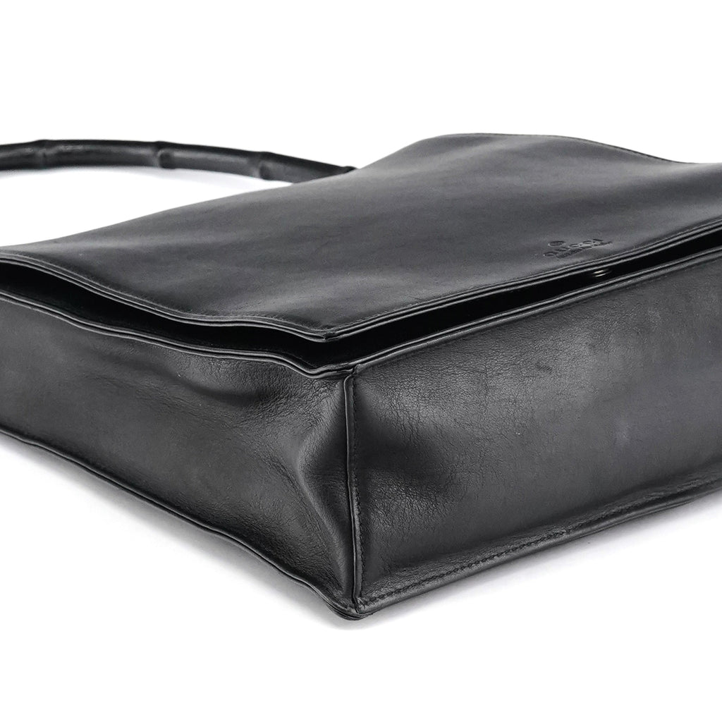Black Calfskin Bamboo Flap Shoulder Bag