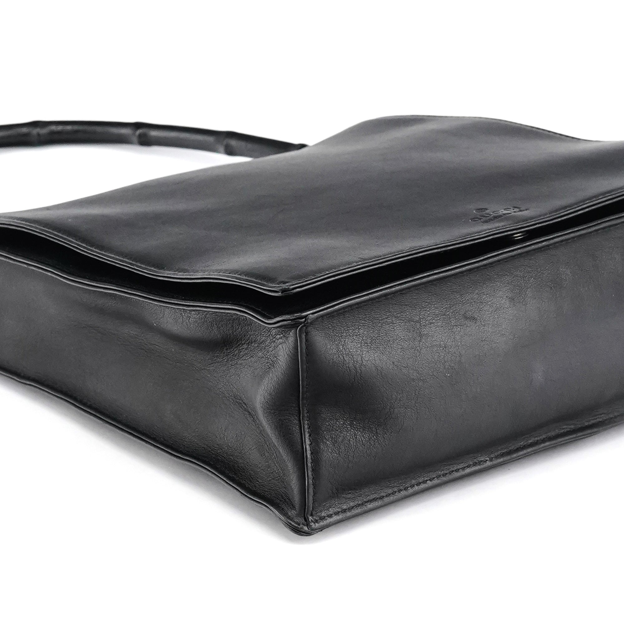 Black Calfskin Bamboo Flap Shoulder Bag