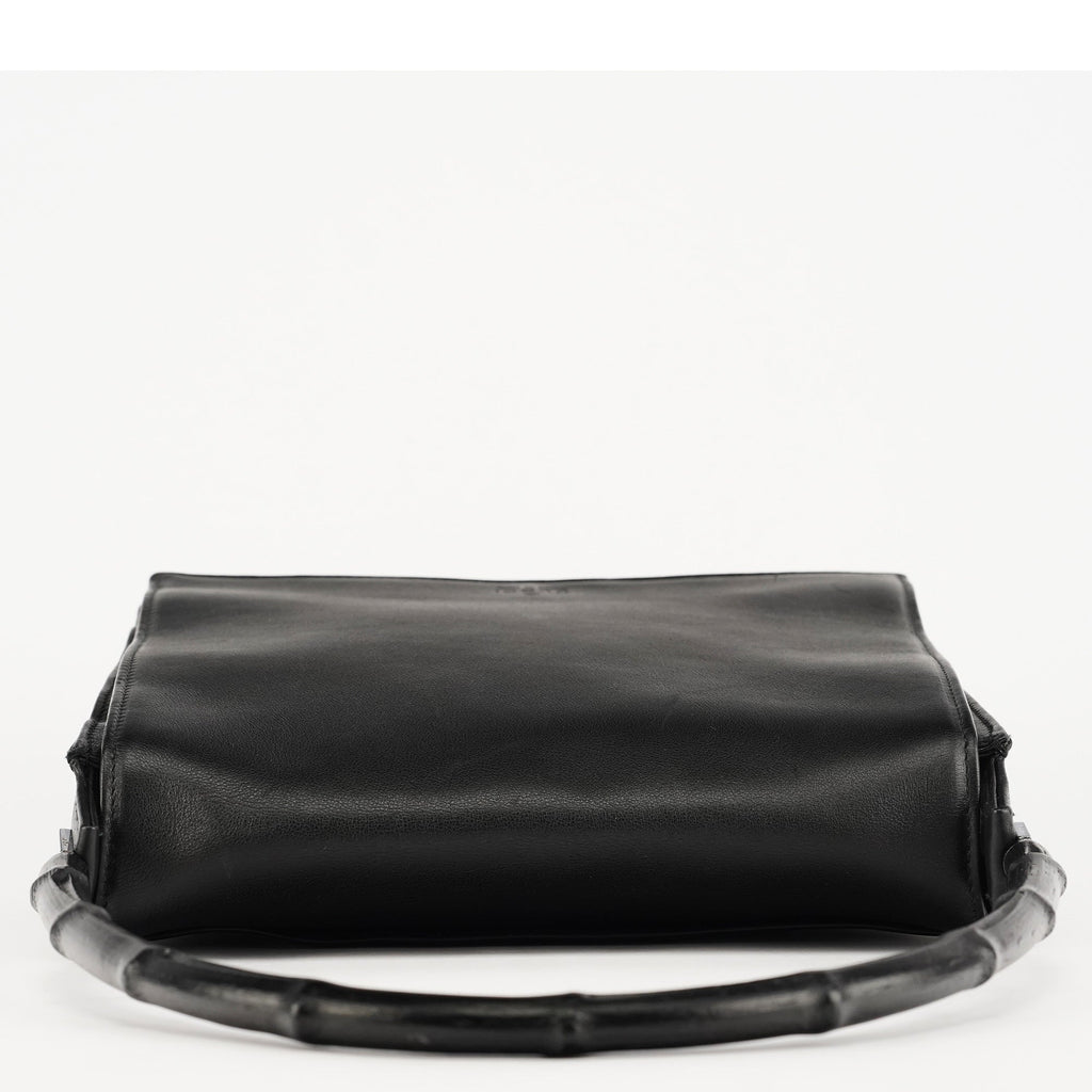 Black Calfskin Bamboo Flap Shoulder Bag