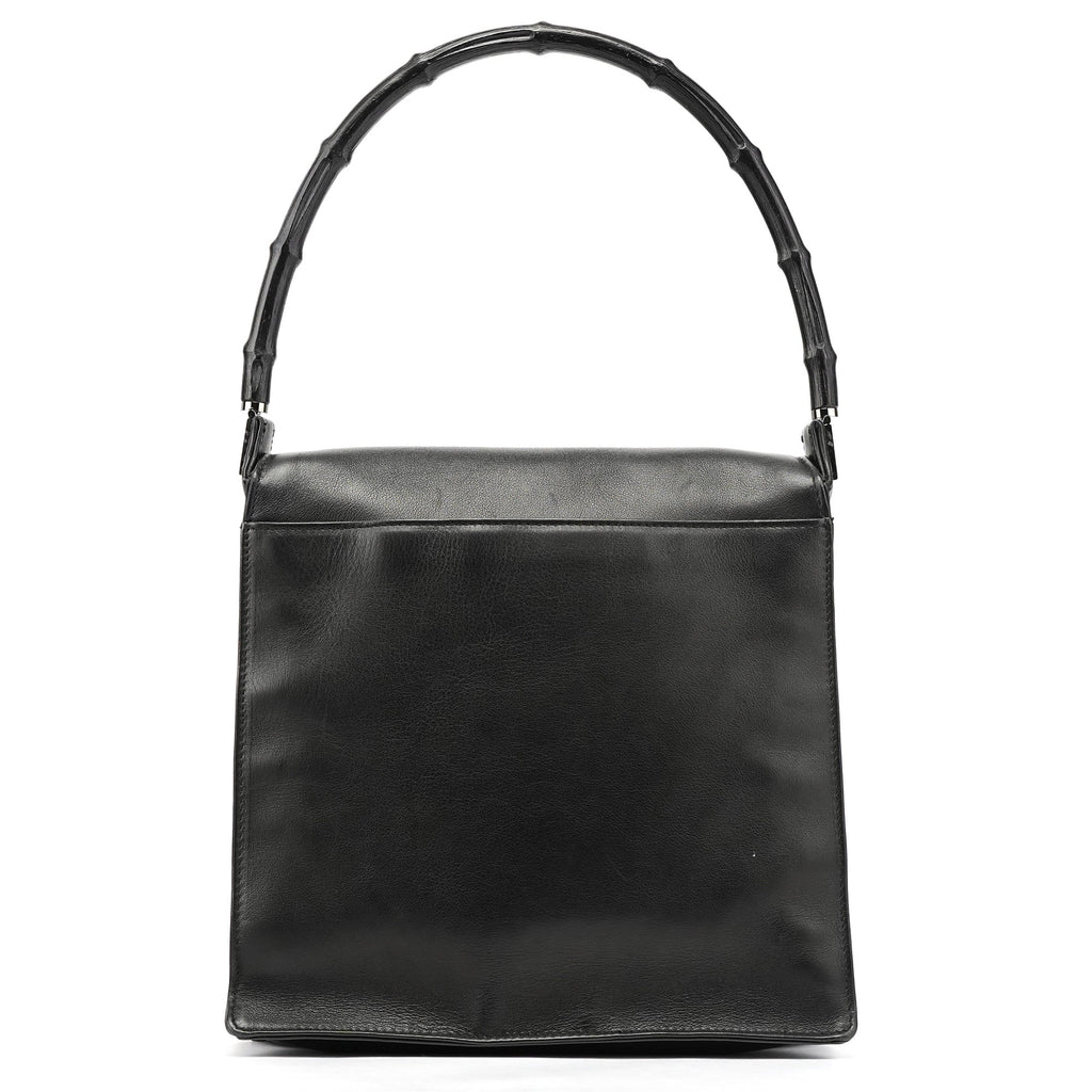 Black Calfskin Bamboo Flap Shoulder Bag