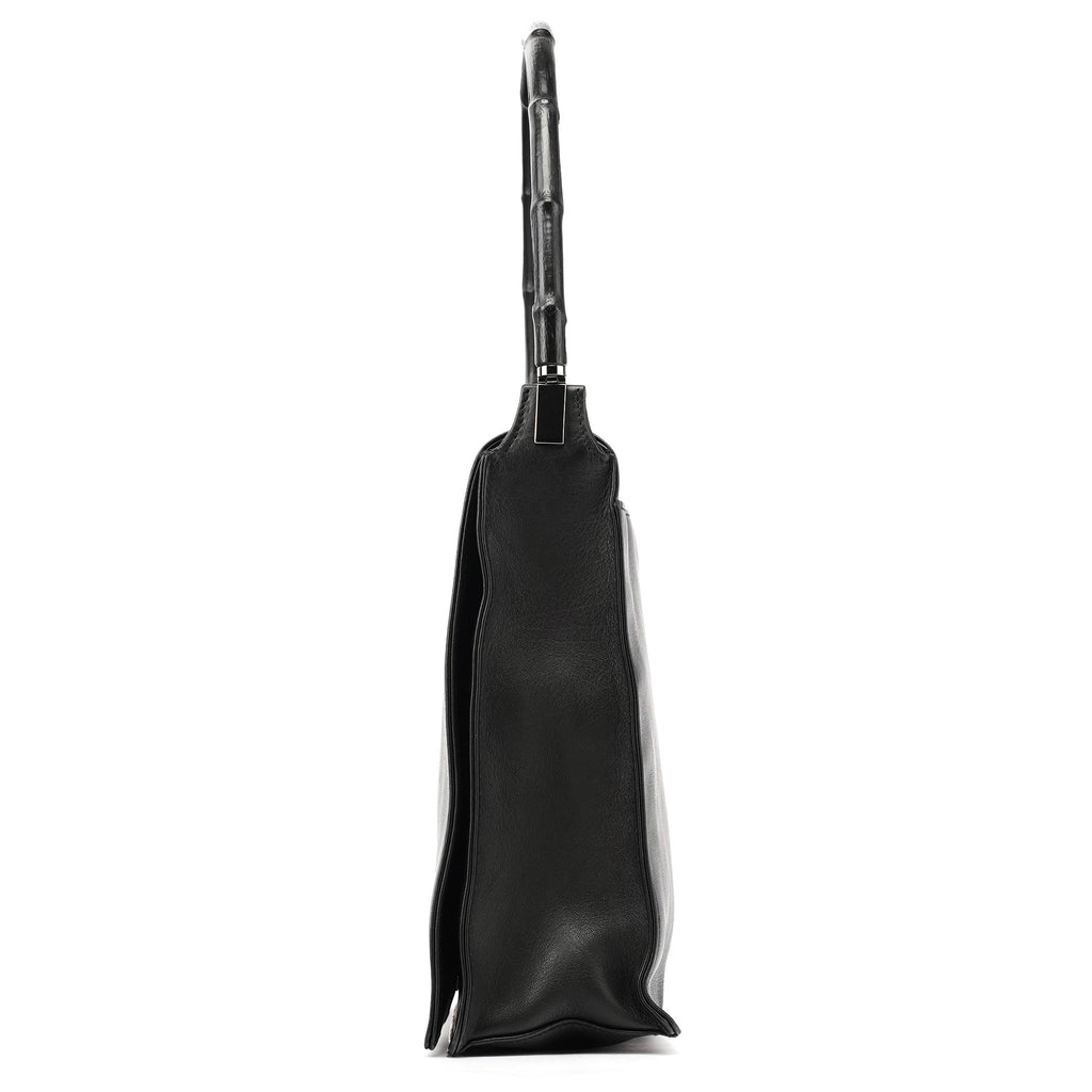 Black Calfskin Bamboo Flap Shoulder Bag