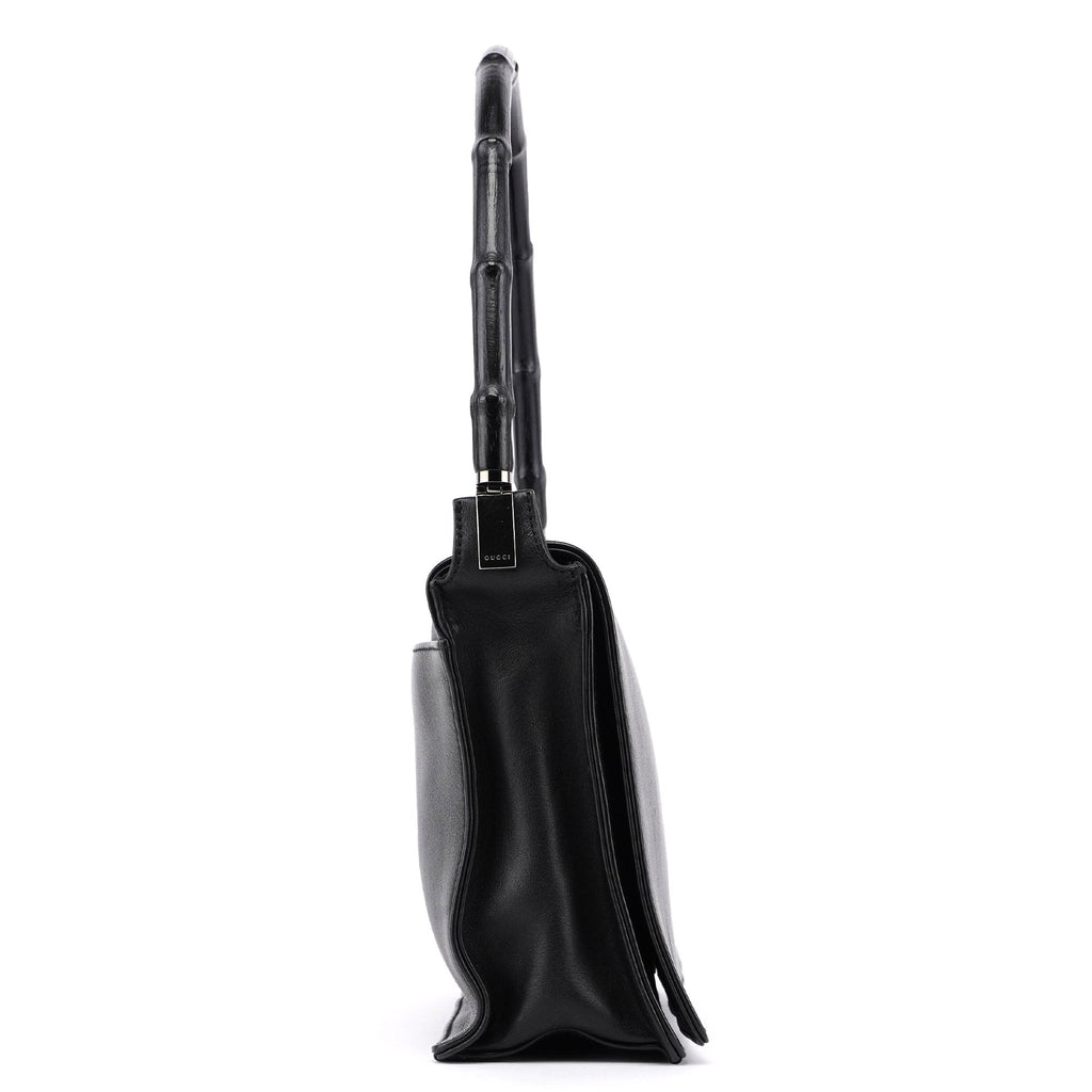 Black Calfskin Bamboo Flap Shoulder Bag