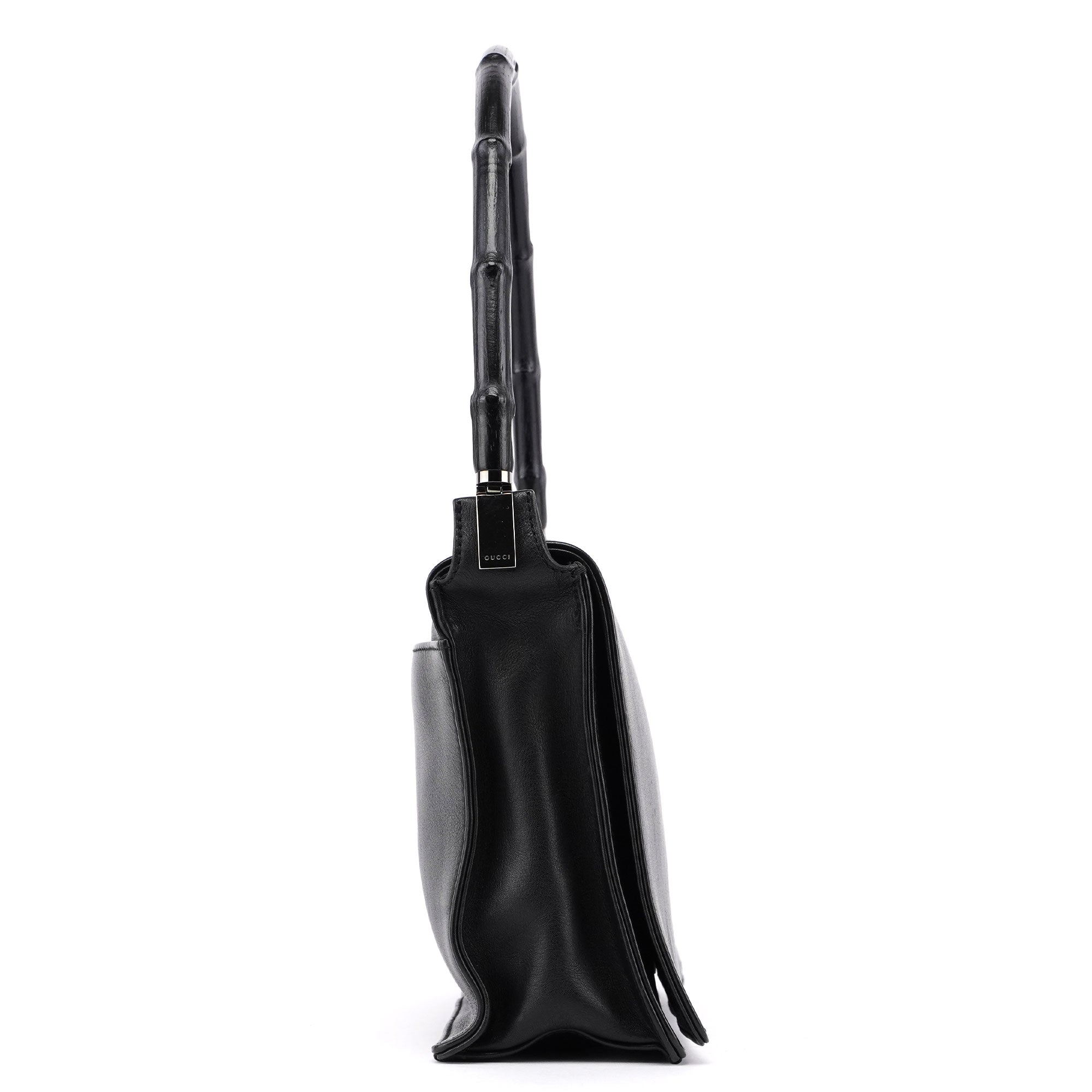 Black Calfskin Bamboo Flap Shoulder Bag