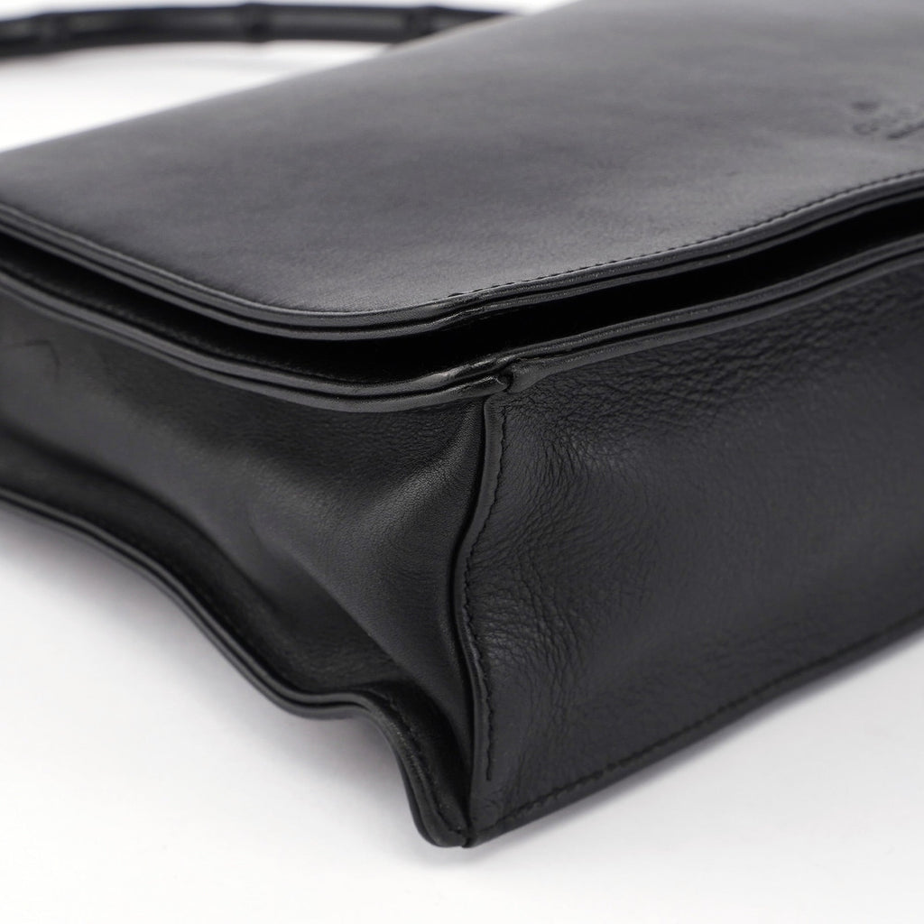 Black Calfskin Bamboo Flap Shoulder Bag