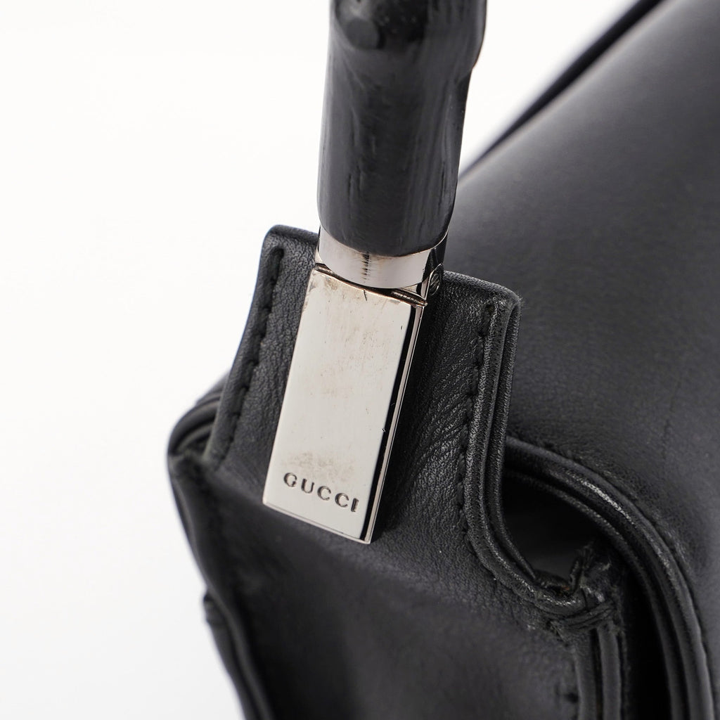 Black Calfskin Bamboo Flap Shoulder Bag